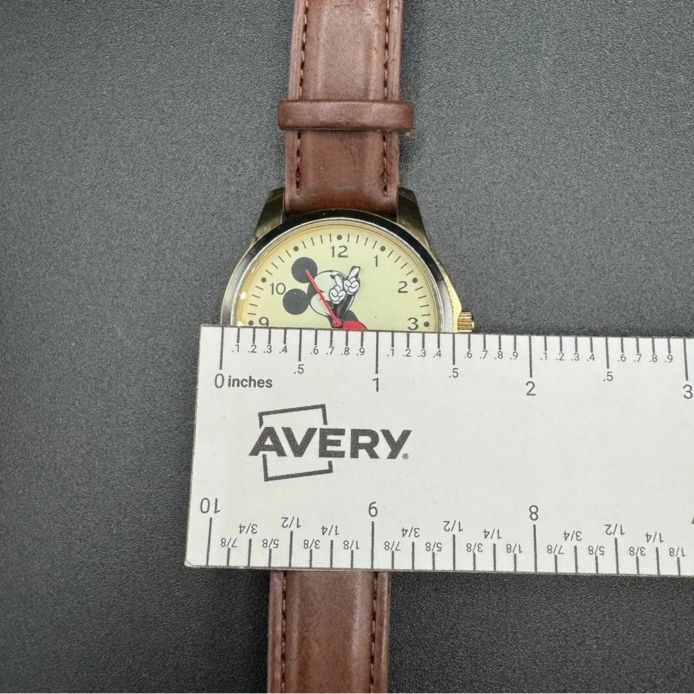 Vintage Mickey Mouse Disney Wide Face Analog Watch with Brown Leather Band - Picture 9 of 16